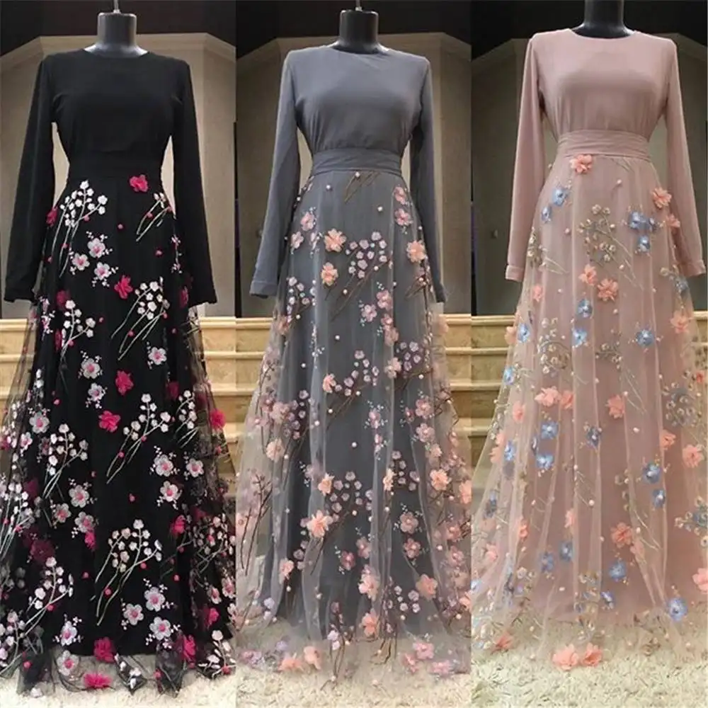 Mới Đến Khiêm Tốn Thanh Lịch 3d Hoa Thêu Ren Hồi Giáo Váy Ở Dubai Phụ Nữ Hồi Giáo Quần Áo Abaya Bởi Drop-Shipping
