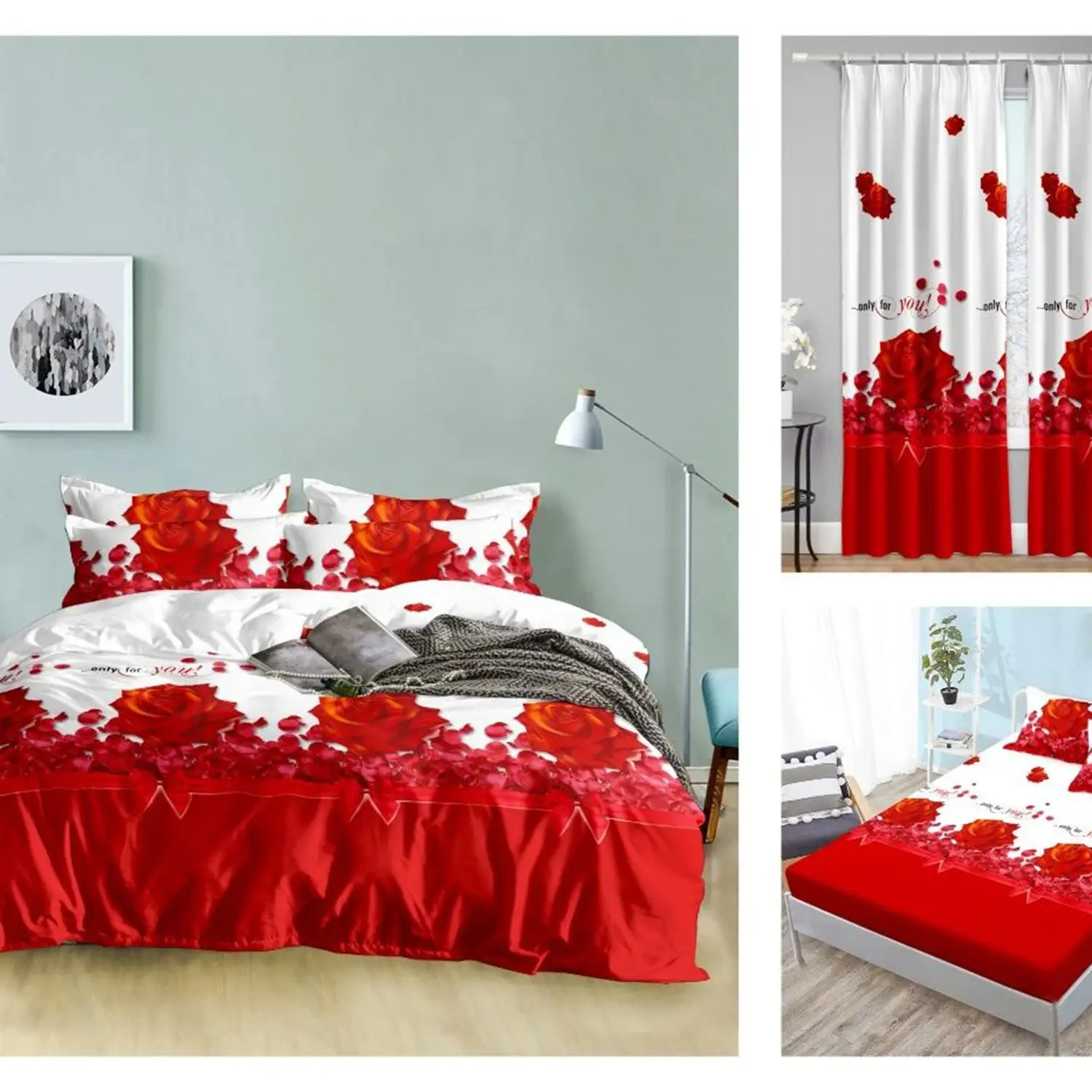 Polyester Printed White Black Heart Patterns Bed Sheets Cotton Bedroom bedding Set Matching Curtains