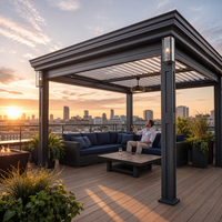 Pergola motorisée en aluminium avec toit à lames orientables, personnalisable pour jardin, paysage naturel, été