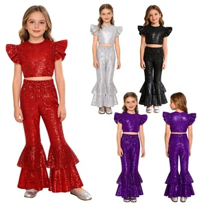 Conjunto de Dos Piezas con Lentejuelas para Niñas, Top Corto y Pantalones Acampanados con Mangas con Volantes, Cintura Alta, Disfraz para Espectáculos de Danza Infantiles, Personalizado - Product Image 1