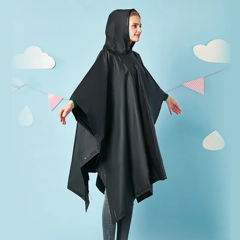 Chubasquero cuadrado para adultos con logotipo personalizado 100% impermeable negro reutilizable biodegradable Eva poncho de lluvia con capucha hermética