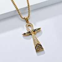 Pendentif Croix Ankh Égyptienne Artistique Punk pour Homme en Acier Inoxydable Plaqué Or avec Zircon, Accessoire Tendance de Niche pour Touristes