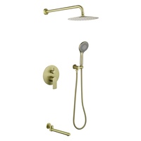 Système de douche et baignoire en or brossé avec robinet dissimulé rond, douchette pluie ronde, douchette à main ronde et bec de baignoire trois voies