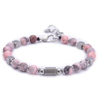 Nueva Pulsera de Piedras Naturales de Zebra Rosa Cuadradas con Cuentas Finas de Acero Inoxidable para Hombre y Mujer
