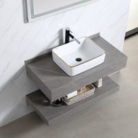 Meuble-lavabo mural moderne en pierre frittée double couche, résistant à l'eau, avec miroir en céramique inclus, pour hôtel et villa