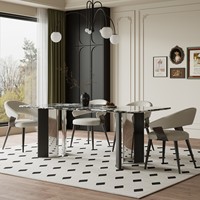 Ensemble de table à manger moderne de luxe en pierre frittée et acier inoxydable avec chaises pour la maison et l'hôtel, durable, imperméable, 6 places