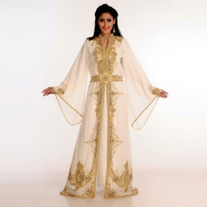 Kaftan brodé pour femme, manches longues, longueur ras du sol, col cœur, robe de prière élégante du Moyen-Orient, coupe droite non extensible - Product Image 1