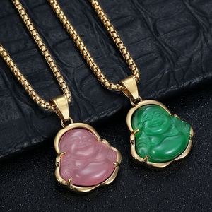 Collier pendentif Bouddha Maitreya Yunnique en acier inoxydable avec serti clos et pierre œil de chat, bijoux cadeaux à thème - Product Image 1