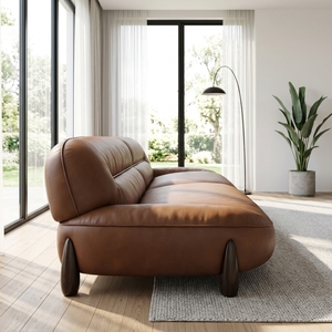 <span class=keywords><strong>Canapé</strong></span> en <span class=keywords><strong>cuir</strong></span> marron au design arrondi avec pieds en bois foncé, <span class=keywords><strong>canapé</strong></span> moderne minimaliste <span class=keywords><strong>pour</strong></span> un espace de vie confortable - Product Image 4