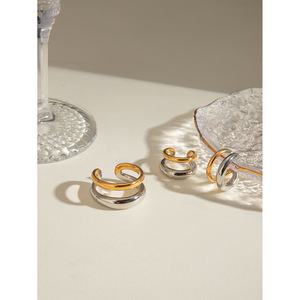 <b>Clip</b>-On Earrings Geometric Double Layer Gold Silver Color Blocked Party Fashion Jewelry - Product Image 3