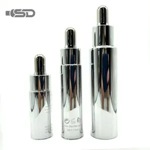 Botol kaca kosmetik, mewah aluminium Aroma dilapisi 5ml 15ml 20ml perak minyak esensial Serum Vial dengan penetes
