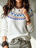 Pull en tricot Fair Isle pour femme, col rond, manches longues, motif géométrique, blanc
