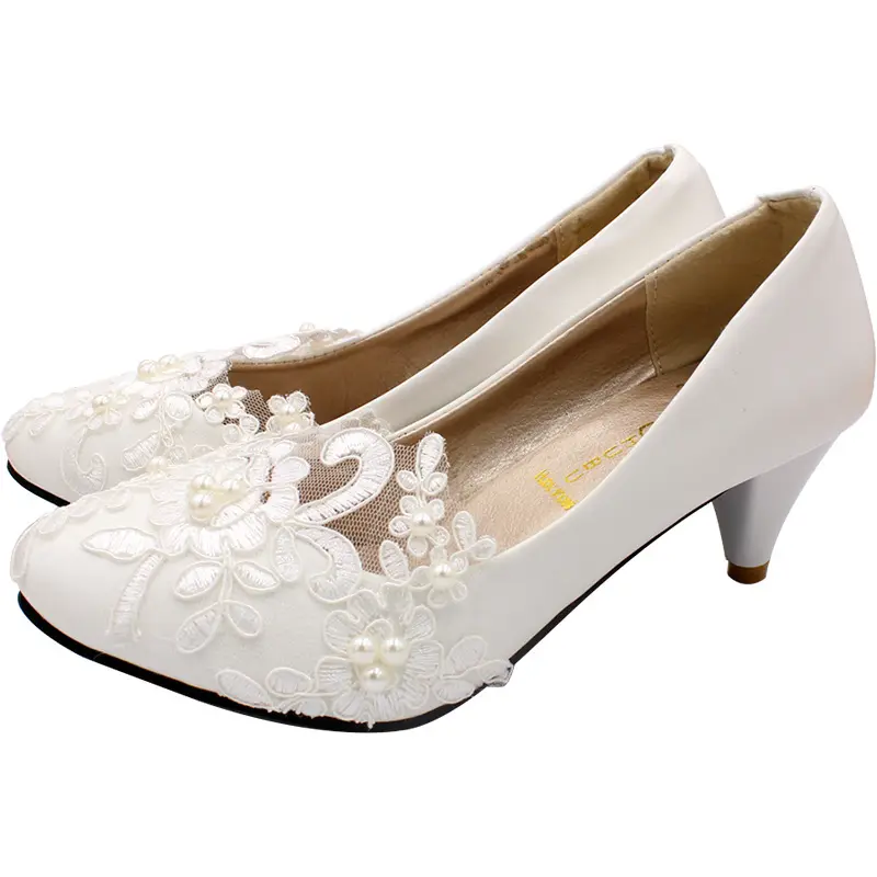 Large size flat lace bridesmaid ladies wedding shoes white bride dress women wedding shoes