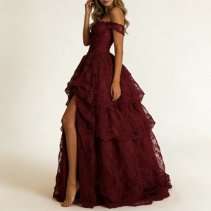 Robes de soirée élégantes pour femmes, en dentelle bordeaux, épaules <span class=keywords><strong>d</strong></span>énudées, jupe à volants à plusieurs niveaux, fente haute, maxi, pour gala, mariage - Product Image 3