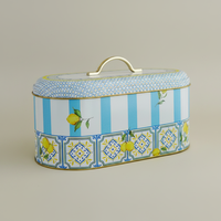 Boîte à pain rectangulaire Kontensan ER274GE avec poignée dorée, design élégant à thème citronné méditerranéen, multifonctionnelle, bleu et blanc