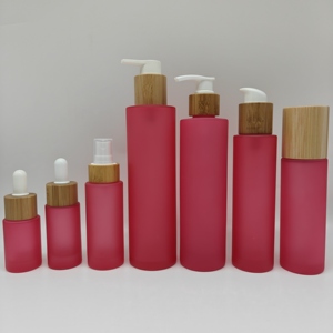 20ml 30ml 50ml 100ml 120ml 150ml 200ml Flacon en verre dépoli <span class=keywords><strong>rouge</strong></span> avec pompe compte-gouttes en bambou pour soins de la peau sérum parfum - Product Image 4