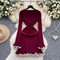 Robe en tricot à manches longues et à volants pour femmes, coupe ajustée, automne-hiver