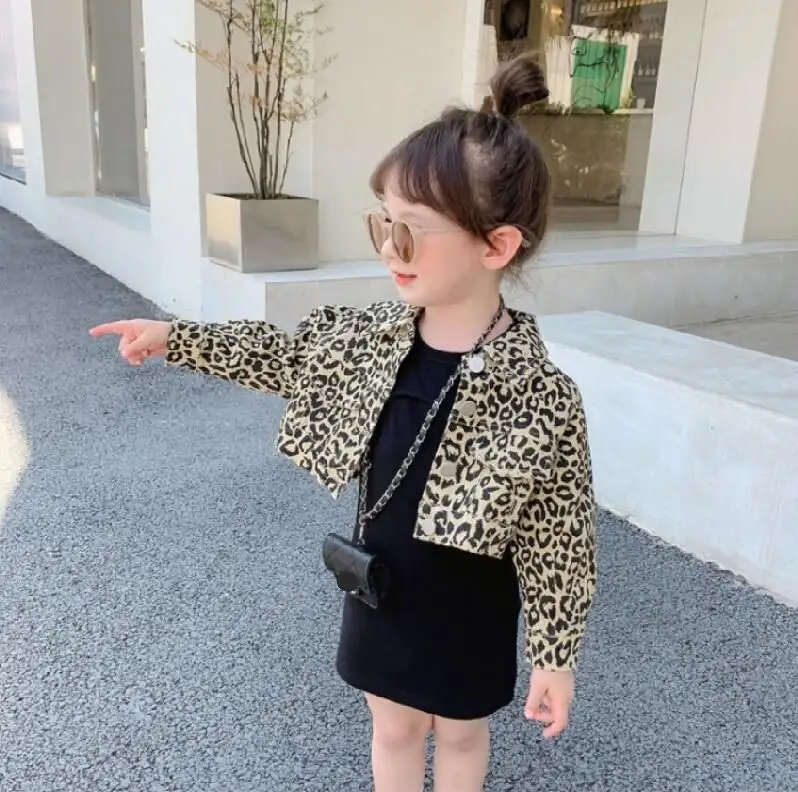 2021 г., Новое поступление, осенняя модная одежда из 2 предметов для девочек черное платье с длинными рукавами + леопардовая куртка Модный комплект одежды для детей