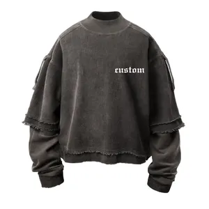 Double Layer Custom Logo Sweatshirt Distressed Oversized Mens Vintage Crewneck Acid Washed Out Hoody Jumper Sweater For Men