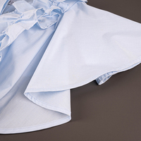 Robe Courte Décontractée Femme Bleu Clair à Col Rond, Manches Courtes Volantées, Volants Décoratifs sur le Devant, Boutonnée, Coupe Trapèze Évasée