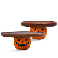 Support à gâteau d'Halloween en forme de lanterne, orange brillant, avec base citrouille et dessus rond en bois, pour cupcakes, bonbons et friandises