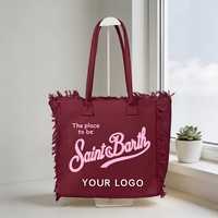 Sac fourre-tout en toile beige minimaliste avec impression de logo personnalisé, franges effilochées, sac de plage décontracté pour le bureau et les voyages