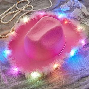 Chapeau de cow-boy rose lumineux pour femme, style décontracté et professionnel, avec bordure en plumes, vente en gros - Product Image 4