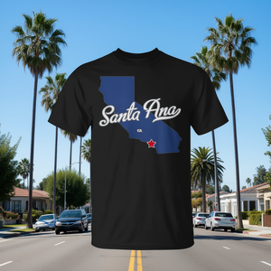 T-shirt con mappa di Santa Ana California, design blu con stella in evidenza - Product Image 4