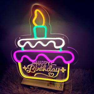 Gâteau d'anniversaire et bougies décoration murale de fête luminosité réglable enseigne au néon à piles LED lumière au néon colorée - Product Image 1