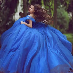 Vestido de Noche Largo Estilo <span class=keywords><strong>Cenicienta</strong></span> 2025 Nuevo Azul con Hombros Descubiertos, Tul Vaporoso y Lazo para Fiesta al por Mayor - Product Image 4