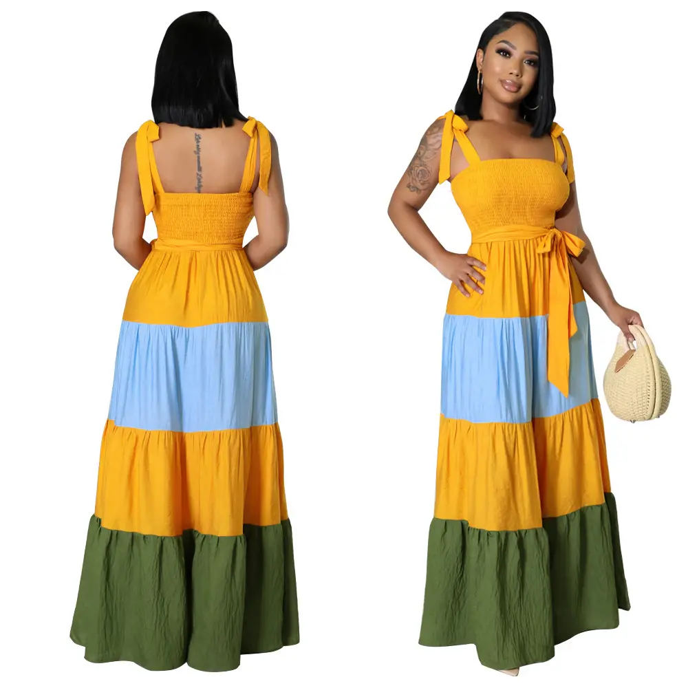 C8124 European Amazon collision color women sleeveless halter swing summer Color Blocking casual dress