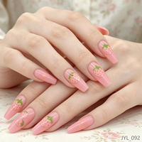 Faux ongles roses fraise à presser, longs ongles brillants forme cercueil avec motif floral, ongles acryliques réutilisables