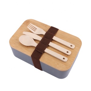 lunch box biodegradable wheat straw wooden cover single-layer lunch box with knives, forks and spoons bamboo lunch box
