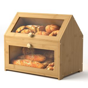 Bamboo Double Layer Bread Box With Glass Door Countertop <b>Storage</b> <b>Container</b> For Bread <b>Cake</b> Pastry - Product Image 5