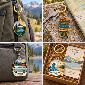 Porte-clés en métal personnalisés pour l'aventure en plein air, style vintage, émail rond, ensemble souvenir avec design montagnes, forêts, lacs - Product Image 2