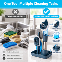 Ensemble de brosses à vaisselle avec distributeur de savon et 4 têtes de rechange, brosse de nettoyage de cuisine avec distributeur de savon