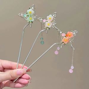 Épingle à cheveux style chinois, épingle à chignon Hanfu, bijou en métal, bâtonnet à cheveux vintage, fleur, papillon, pompon, épingles à cheveux, bijoux Hanfu - Product Image 3
