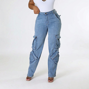 Pantalon cargo en jean respirant à taille élastique pour femme, idéal pour les voyages, la randonnée, le travail et les tenues décontractées, multi-poches, utilitaire, vente en gros - Product Image 1
