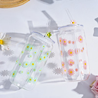Gobelet réutilisable en verre borosilicate de 500 ml avec motif marguerite mignon, couvercle en plastique et paille en verre, idéal pour café glacé, boissons et lait
