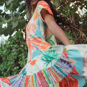 Vestido corto de verano con estampado floral, de varias capas, de manga corta, estilo bohemio, personalizado, de lino. - Product Image 3