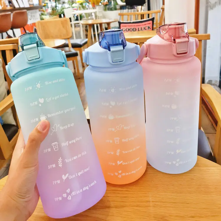 Plastic PETG 64oz 2L Half Gallon Bottle Rainbow Color BPA-Free Gym Fitness Sports Motivational Water Bottles with Times Maker