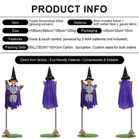 Balai de sorcière violet lumineux et parlant, accessoires d'Halloween pour maison hantée et fête costumée, vente en gros d'usine, personnalisable