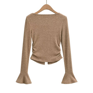 Costume décontracté sur mesure cardigan tricoté col en V coupe ajustée court <span class=keywords><strong>femme</strong></span> haut <span class=keywords><strong>pantalon</strong></span> <span class=keywords><strong>évasé</strong></span> <span class=keywords><strong>pantalon</strong></span> décontracté costume - Product Image 4