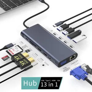 13 في 1 نوع c إلى hub hdmi Hub 3 منافذ usb3.0 + SD/TF + PD منفذ الشحن + RJ45 + VGA + 2 * HDMI