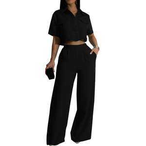 Spot Product Turn Down Collar Manga corta Crop Tops Pantalones de pierna ancha Casual 2 piezas Conjuntos de mujer Sehe Moda - Product Image 2