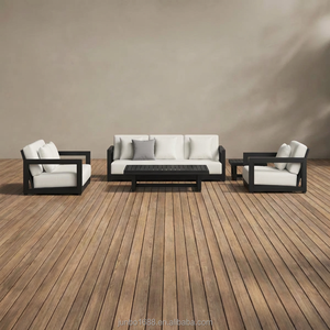 Ensemble de canapés d'extérieur moderne, structure en aluminium noir, coussins beiges, mobilier de patio, ensemble de conversation pour <span class=keywords><strong>jardin</strong></span>, résistant aux intempéries, style resort - Product Image 1