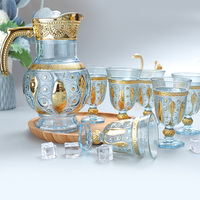 Ensemble de verres à eau en verre avec pichet et couvercle, 7 pièces, or avec rouge, argent avec bleu, vente en gros