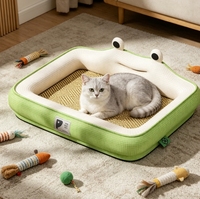 Lit rafraîchissant pour animaux de compagnie en forme de grenouille de dessin animé, surface en rotin tressé, dossier en U, pour chat et chien, idéal pour la sieste et le repos en intérieur en été