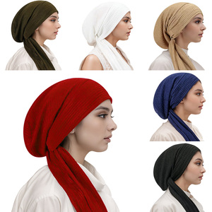 Turban musulman simple, <span class=keywords><strong>chapeau</strong></span> hijab, <span class=keywords><strong>foulard</strong></span> plissé, voile côtelé respirant, couvre-chef pour perte de cheveux due à la chimiothérapie, hijab instantané pour femme - Product Image 1