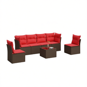 ชุดโซฟาลานบ้านหวายโพลี 7 ชิ้น เฟอร์นิเจอร์กลางแจ้งสีน้ำตาลพร้อมเบาะรองนั่งสไตล์ร่วมสมัย - Product Image 1